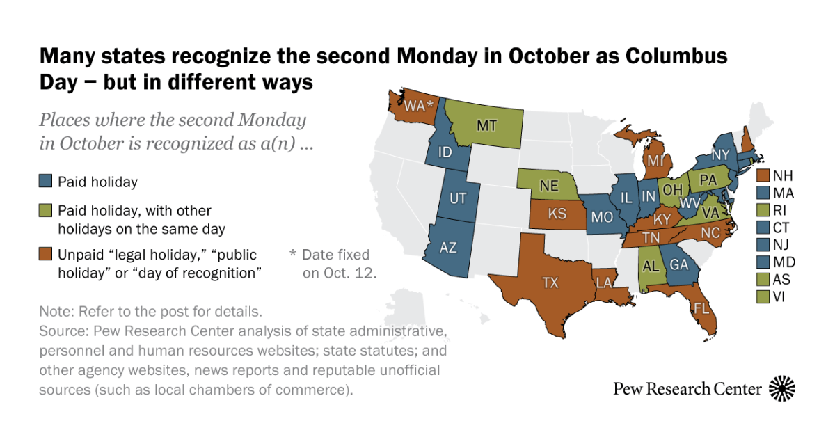 Which states observe Columbus Day or Indigenous Peoples’ Day?